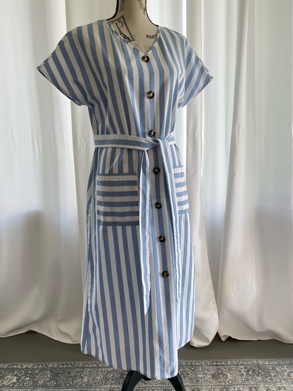 Classic Blue & White Striped Button-Front Dress with Tie Waist